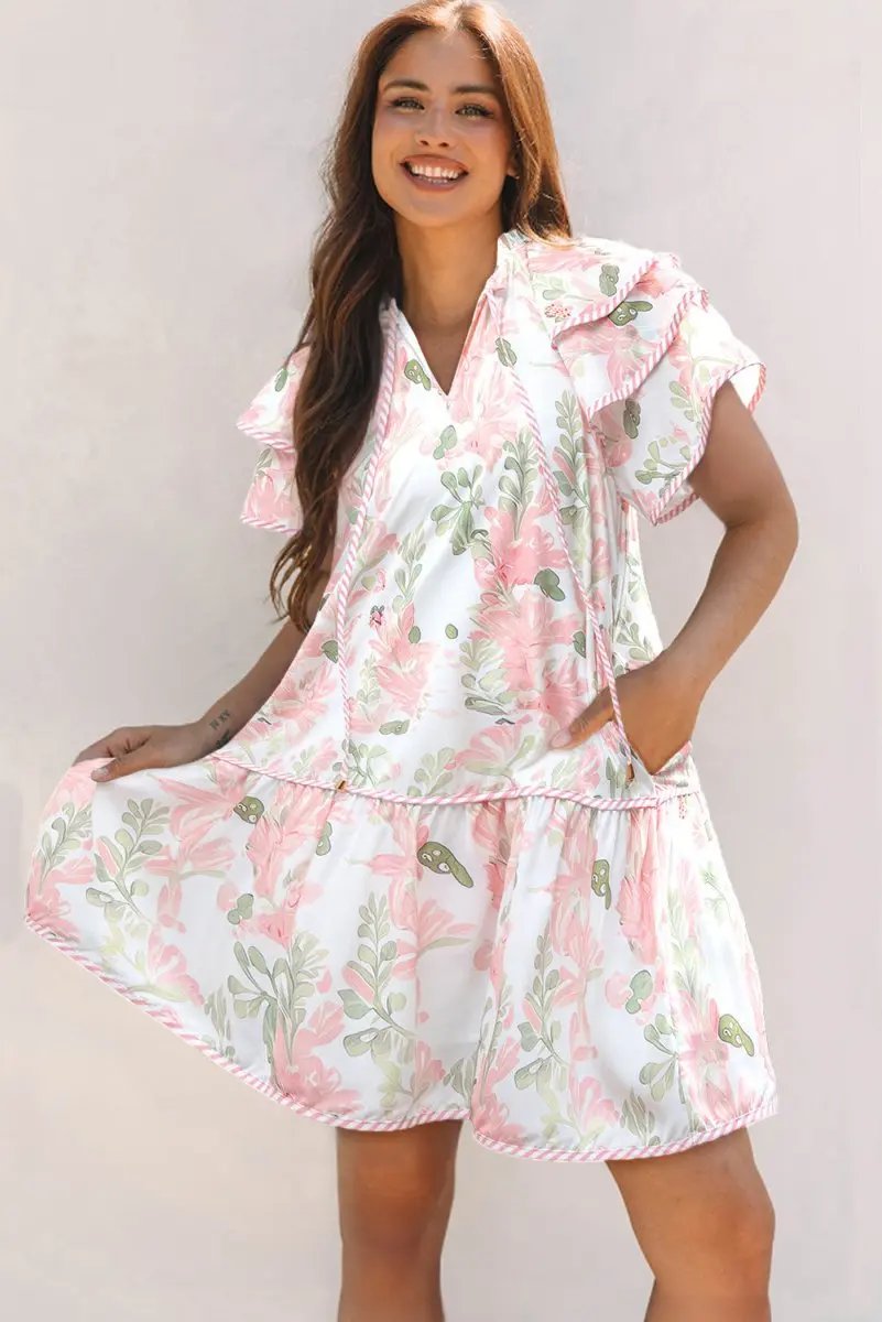 Pink Floral Contrast Edge Layered Short Sleeve Mini Dress - Love Salve